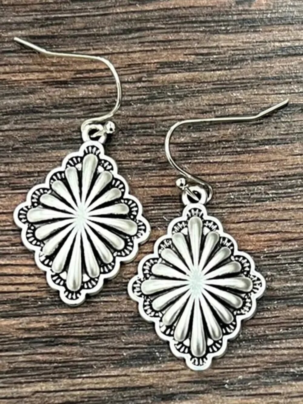 Silver Concho Earrings Western Boho Diamond Floral Dangle Earrings